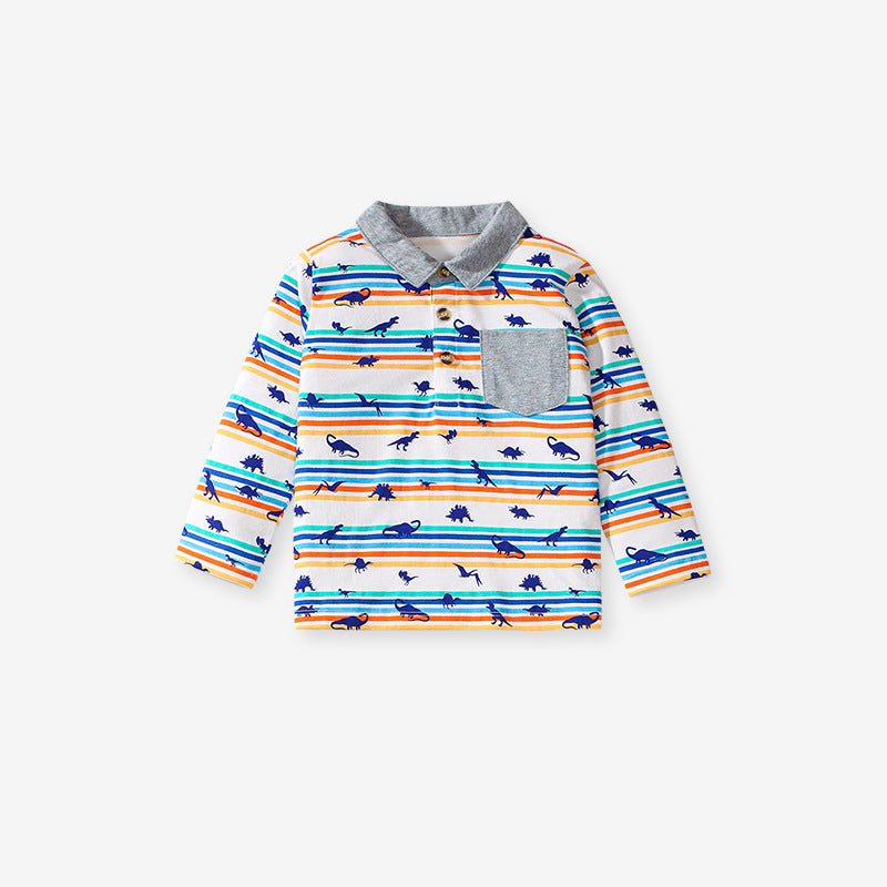 A grey long-sleeve shirt featuring a playful dinosaur print and striped pattern, perfect for boys aged 12 months to 10 years.