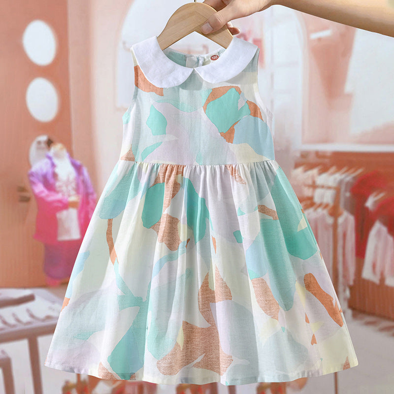 Colorful sleeveless dress for girls with Peter Pan collar and geometric pattern, perfect for summer wear.