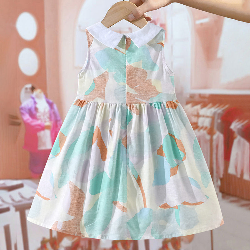 Colorful sleeveless dress for girls with Peter Pan collar and geometric pattern, perfect for summer wear.