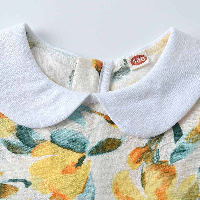 Arrival Summer Girls Sleeveless Dress with Peter Pan Collar and Floral Pattern in Yellow