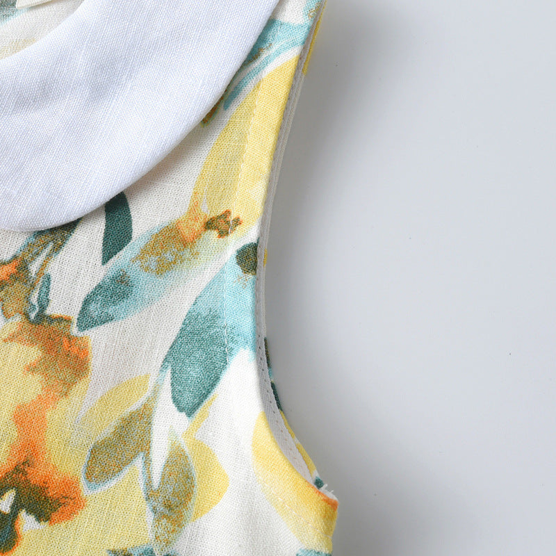 Arrival Summer Girls Sleeveless Dress with Peter Pan Collar and Floral Pattern in Yellow