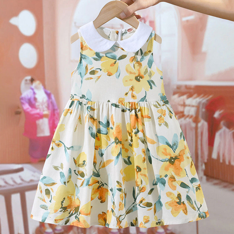 Arrival Summer Girls Sleeveless Dress with Peter Pan Collar and Floral Pattern in Yellow