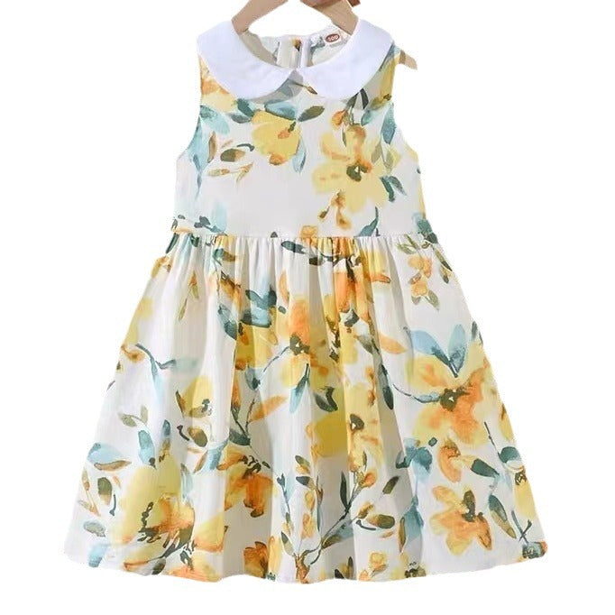 Arrival Summer Girls Sleeveless Dress with Peter Pan Collar and Floral Pattern in Yellow