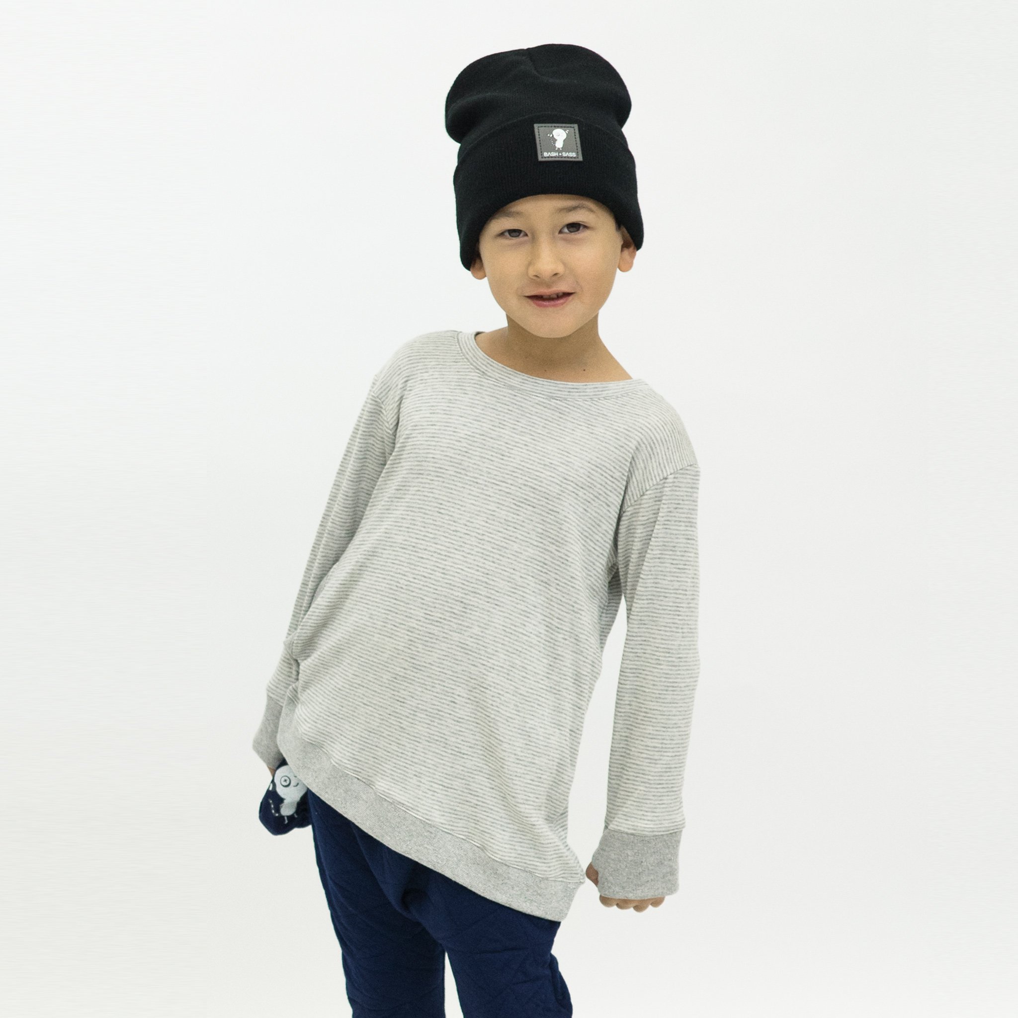 Youth Asymmetric Pullover in Grey with Skinny Stripes, featuring a hidden pocket and thumbholes for added comfort.