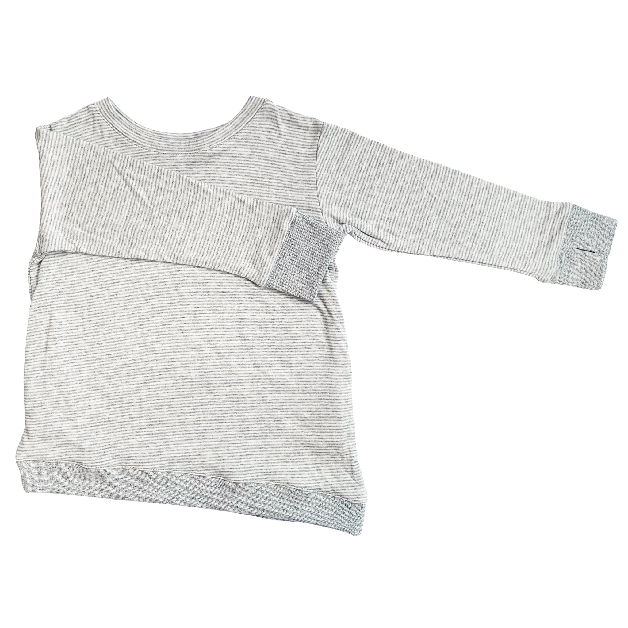 Youth Asymmetric Pullover in Grey with Skinny Stripes, featuring a hidden pocket and thumbholes for added comfort.
