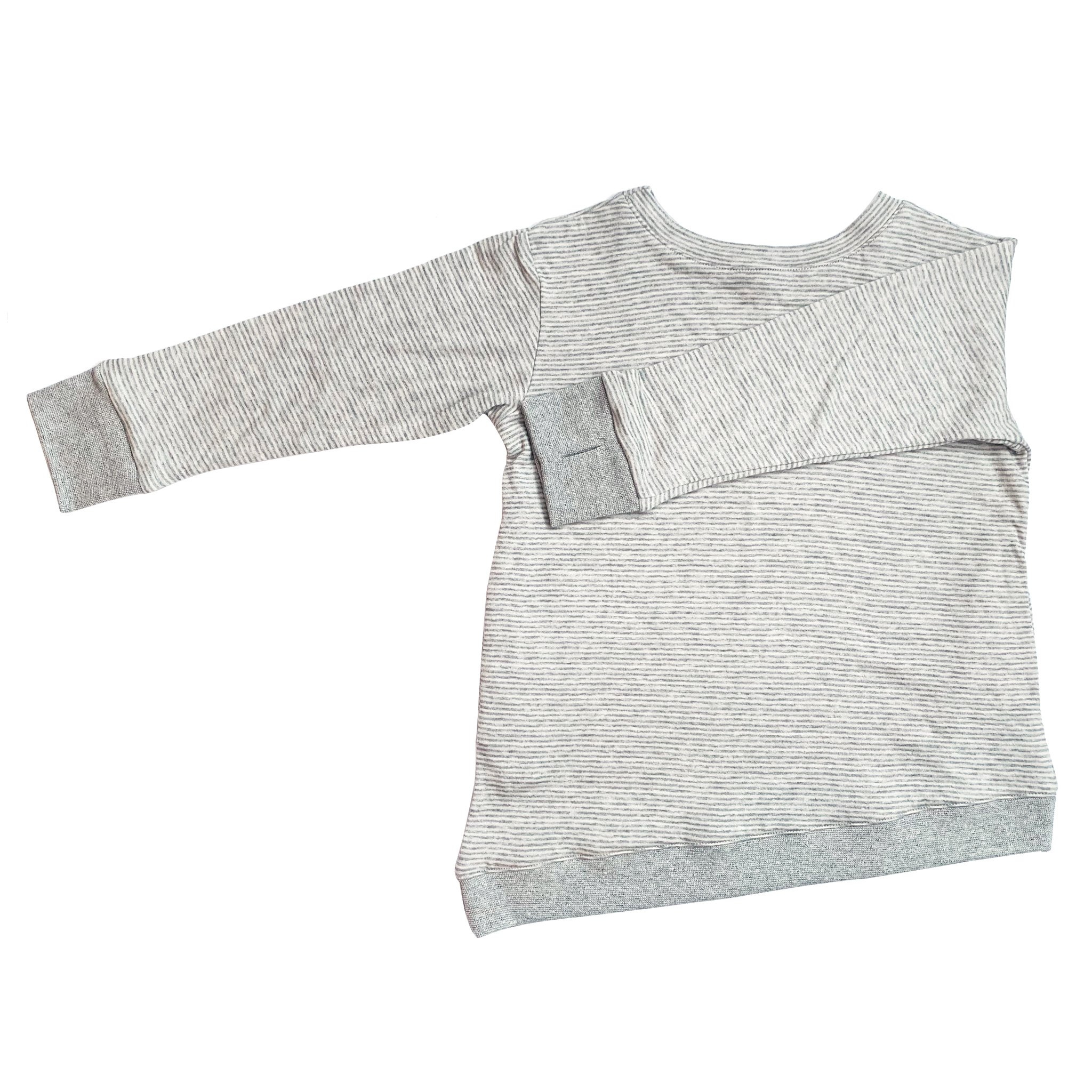 Youth Asymmetric Pullover in Grey with Skinny Stripes, featuring a hidden pocket and thumbholes for added comfort.