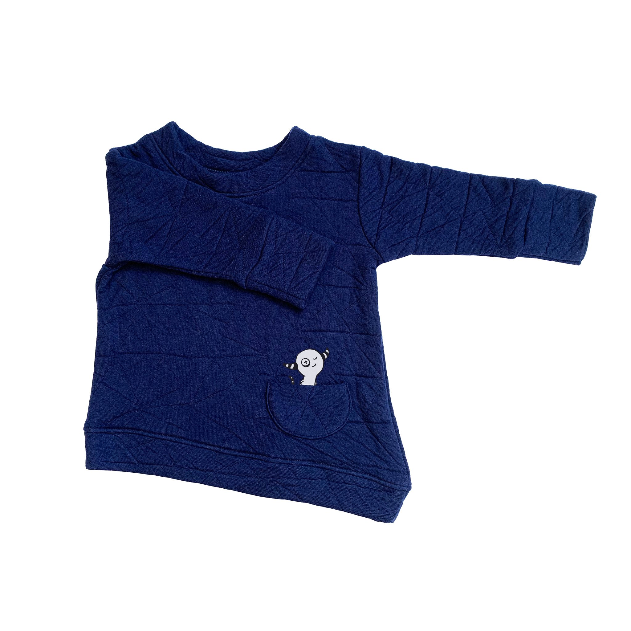 Asymmetric Pullover in Quilted Deep Blue featuring a unique design, monster peek-a-boo pocket, and geometric quilted pattern.