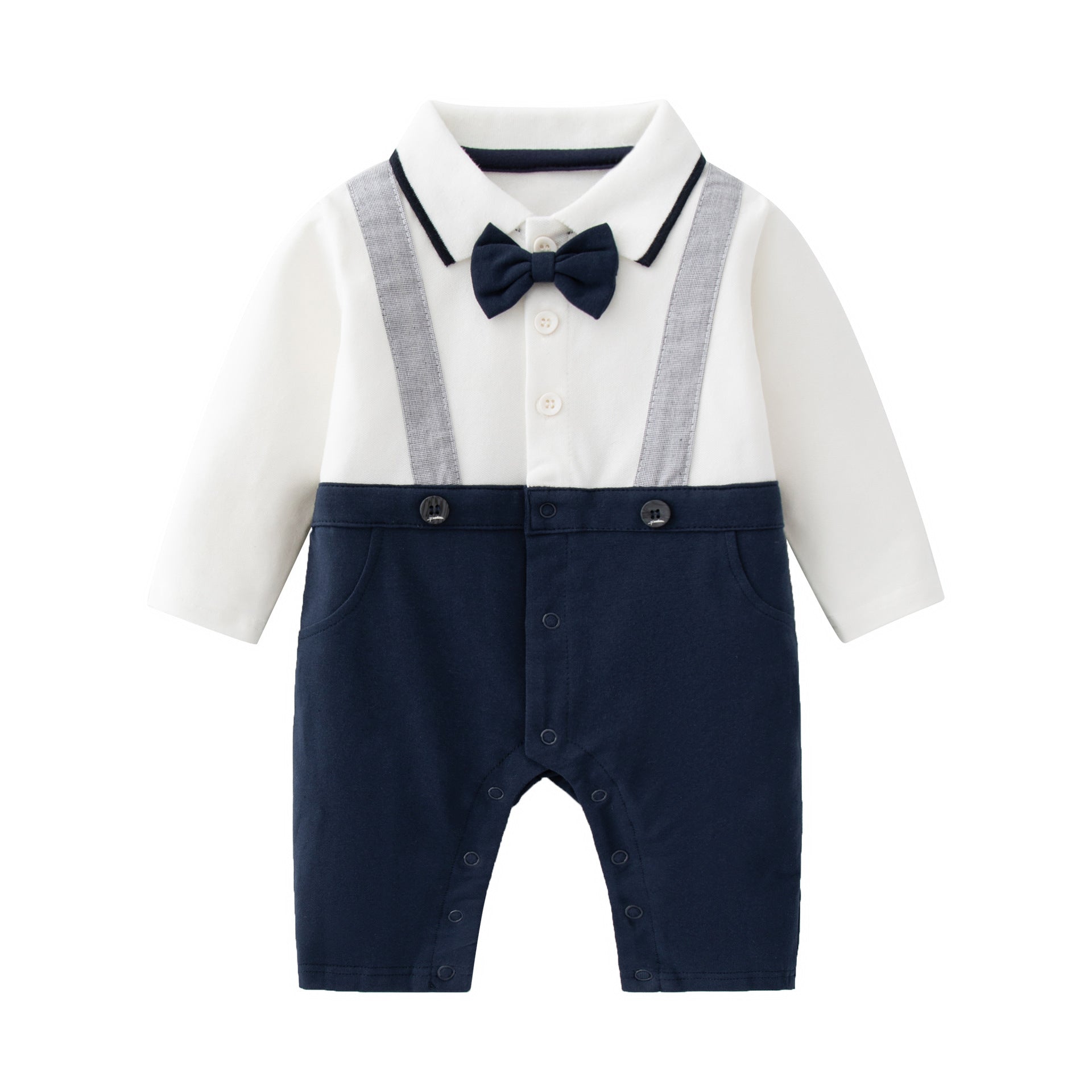 Autumn 0-1 Years Long Sleeve One Piece Romper in white with patchwork design, perfect for baby boys.