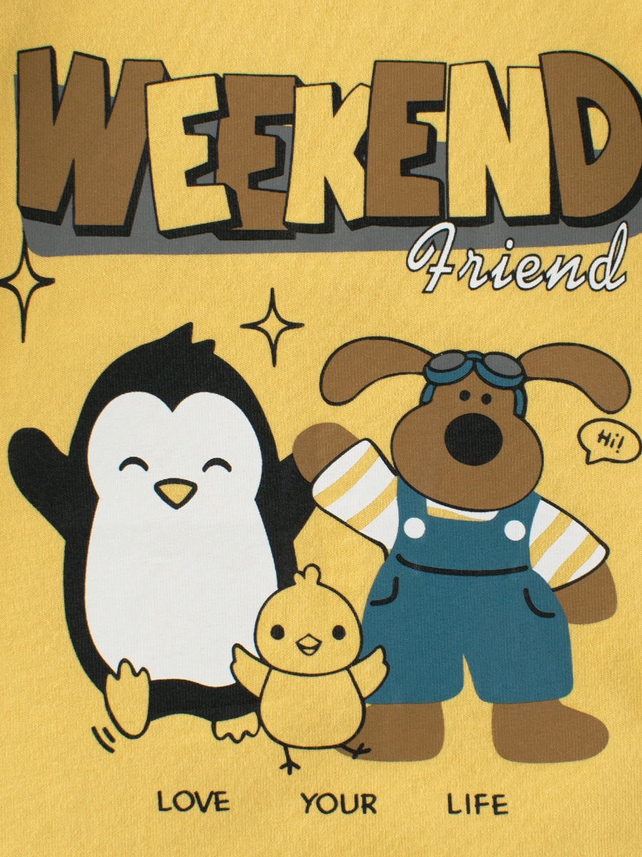 Autumn Baby Boys Cartoon Animals Friend Print Color Patchwork Long outfit featuring playful animal designs in grey cotton fabric.