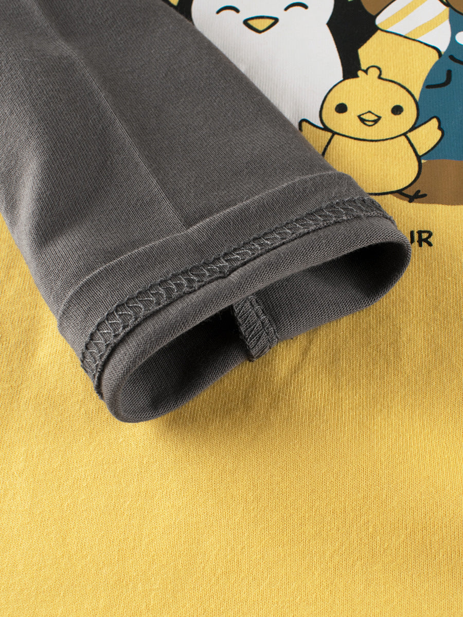 Autumn Baby Boys Cartoon Animals Friend Print Color Patchwork Long outfit featuring playful animal designs in grey cotton fabric.