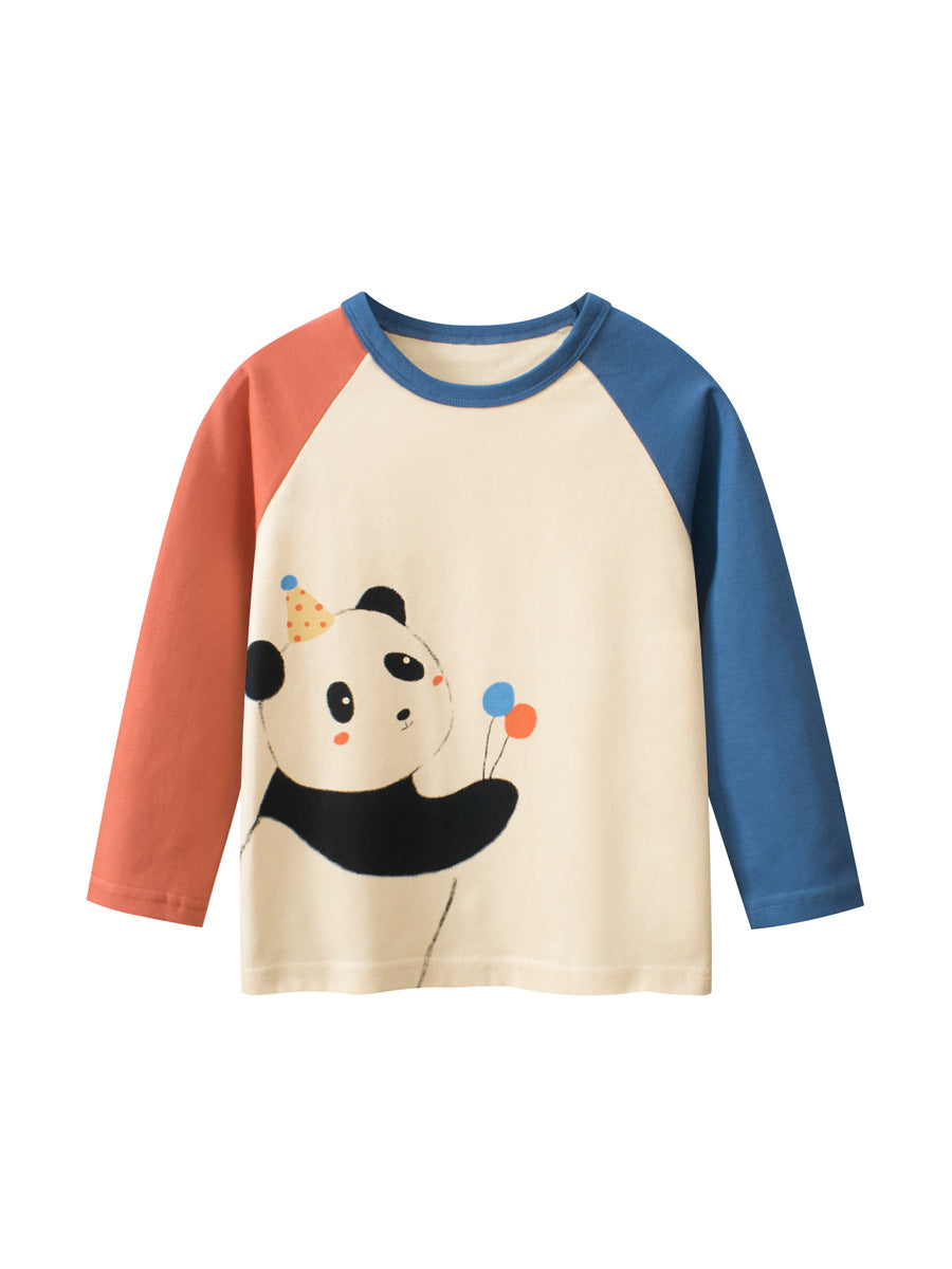Autumn Baby Boys Cartoon Panda Color Patchwork Long Sleeves Crew Neck shirt featuring a playful panda design in soft cotton fabric.