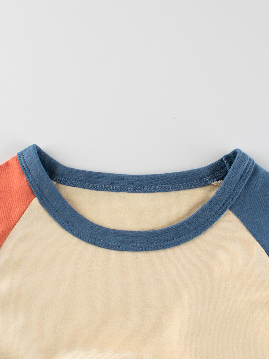 Autumn Baby Boys Cartoon Panda Color Patchwork Long Sleeves Crew Neck shirt featuring a playful panda design in soft cotton fabric.