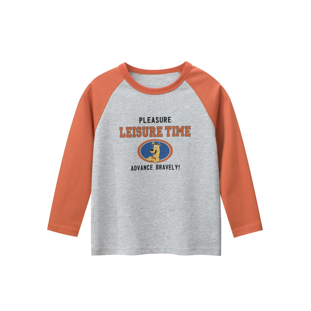 Autumn Baby Boys Cartoon Print Long Sleeves Crew Neck shirt in grey and orange color patchwork, featuring playful cartoon designs.