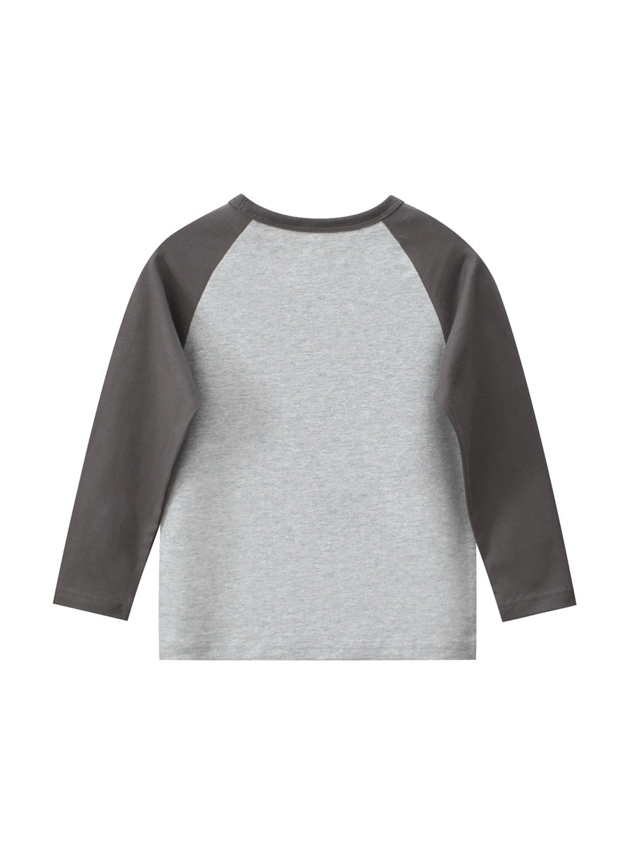 Autumn Baby Boys Cartoon Print Long Sleeves Crew Neck shirt in grey and orange color patchwork, featuring playful cartoon designs.