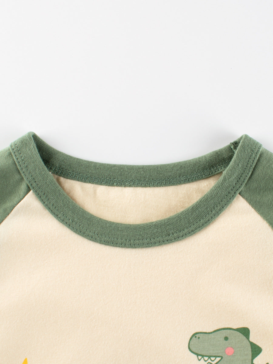 Autumn Baby Boys Cartoon Print Color Patchwork Long Sleeves Crew Neck shirt in apricot color, featuring playful cartoon designs.