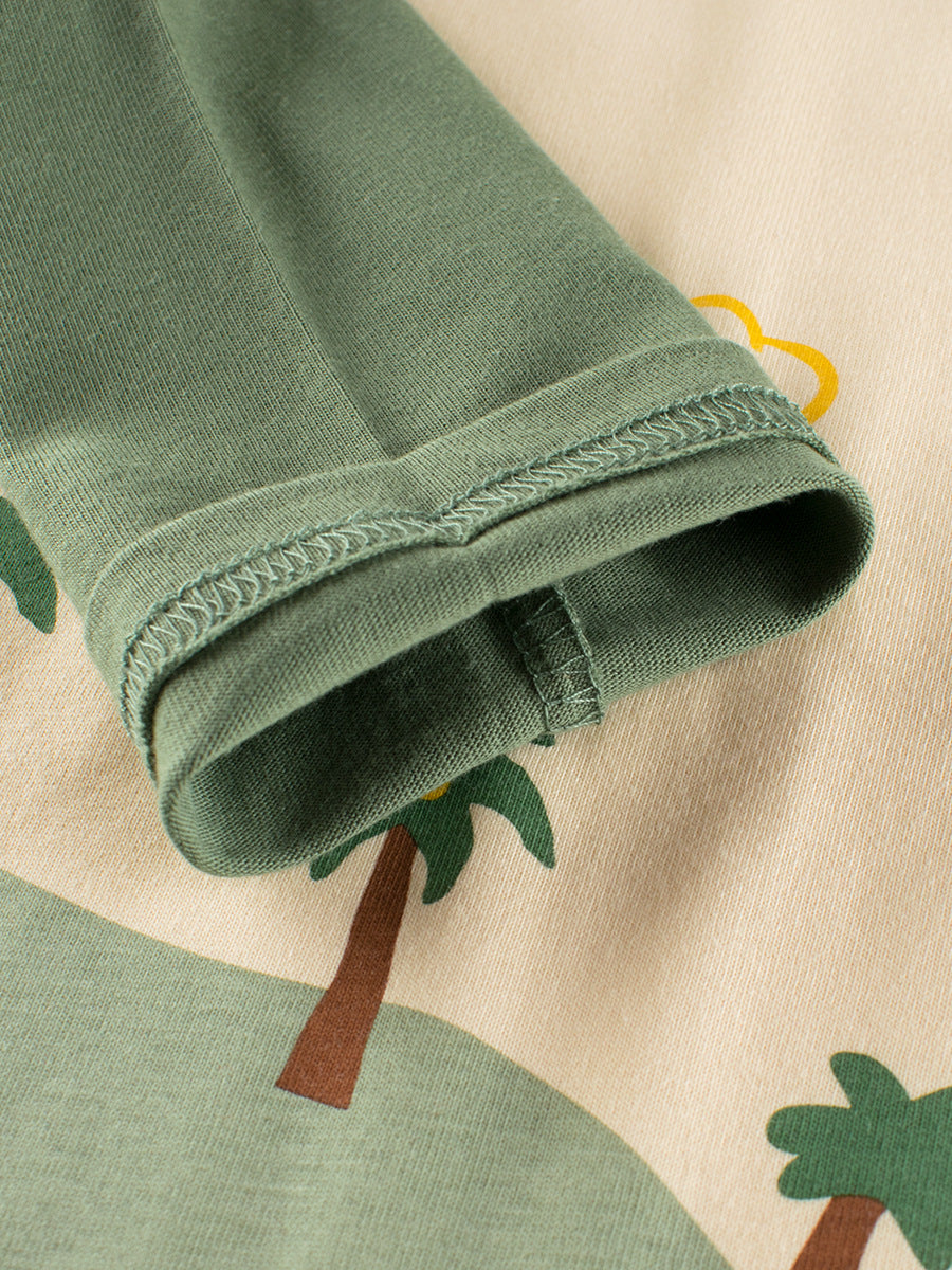 Autumn Baby Boys Cartoon Print Color Patchwork Long Sleeves Crew Neck shirt in apricot color, featuring playful cartoon designs.