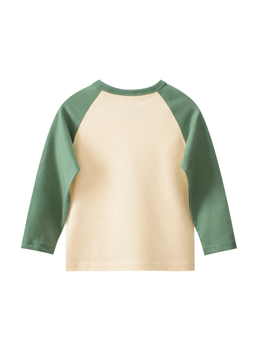 Autumn Baby Boys Cartoon Print Color Patchwork Long Sleeves Crew Neck shirt in apricot color, featuring playful cartoon designs.