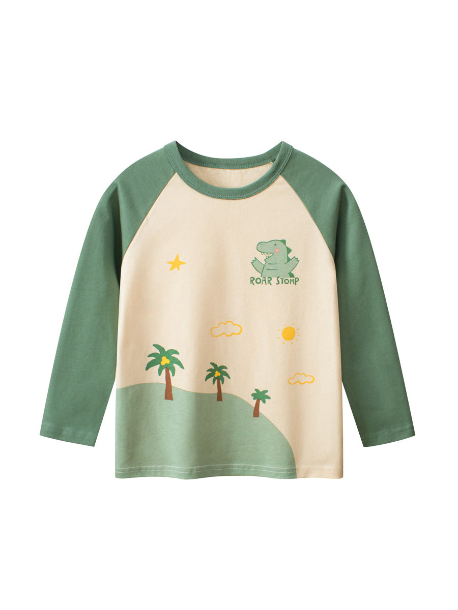 Autumn Baby Boys Cartoon Print Color Patchwork Long Sleeves Crew Neck shirt in apricot color, featuring playful cartoon designs.