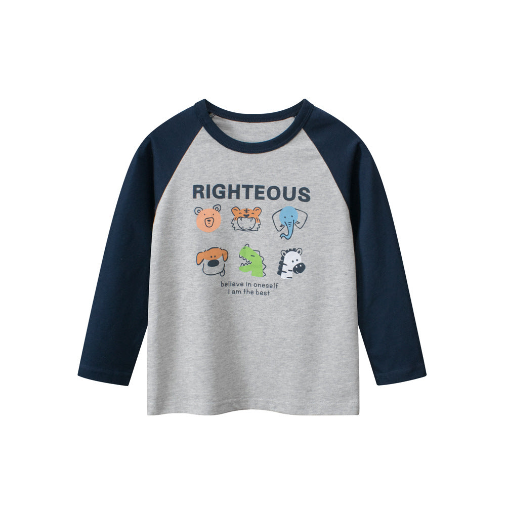 Navy blue long shirt for baby boys featuring letters and cartoon animal prints, perfect for autumn and spring wear.