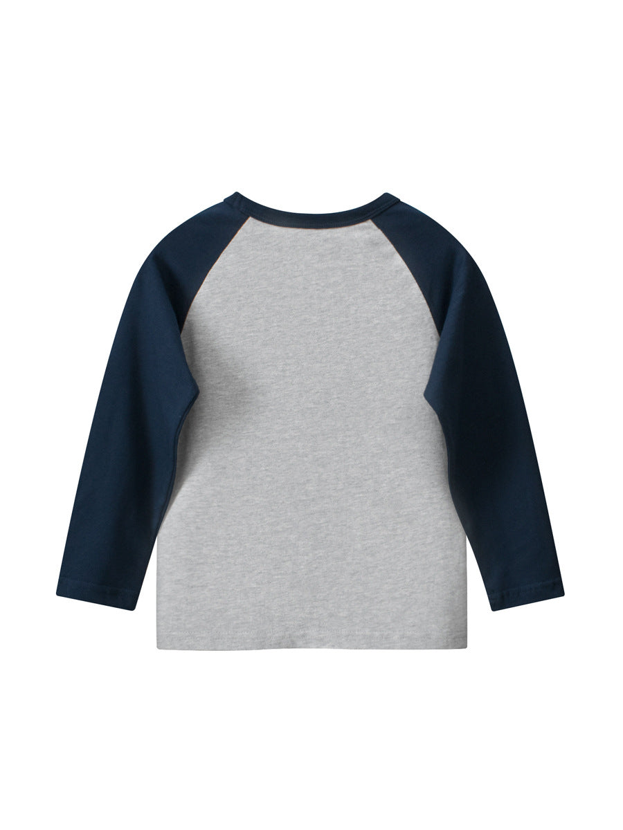 Navy blue long shirt for baby boys featuring letters and cartoon animal prints, perfect for autumn and spring wear.