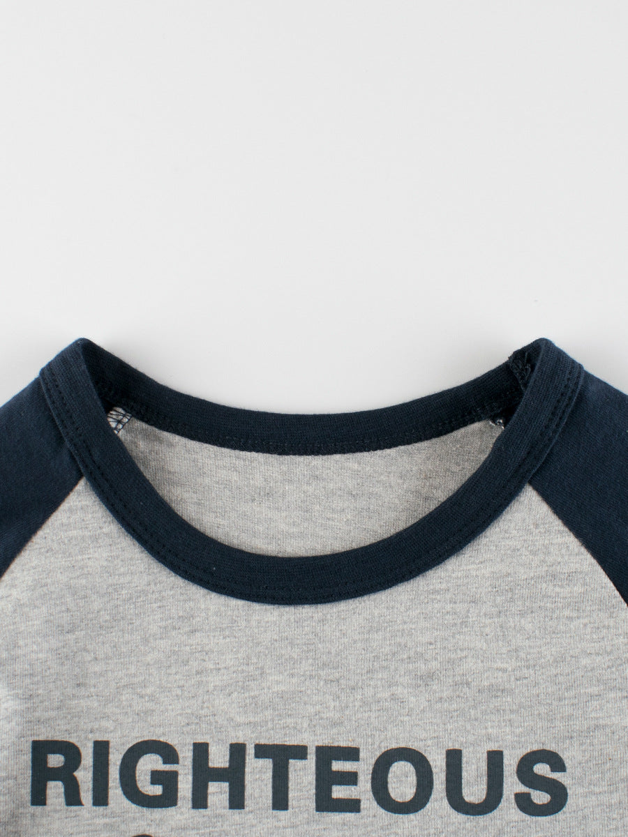 Navy blue long shirt for baby boys featuring letters and cartoon animal prints, perfect for autumn and spring wear.