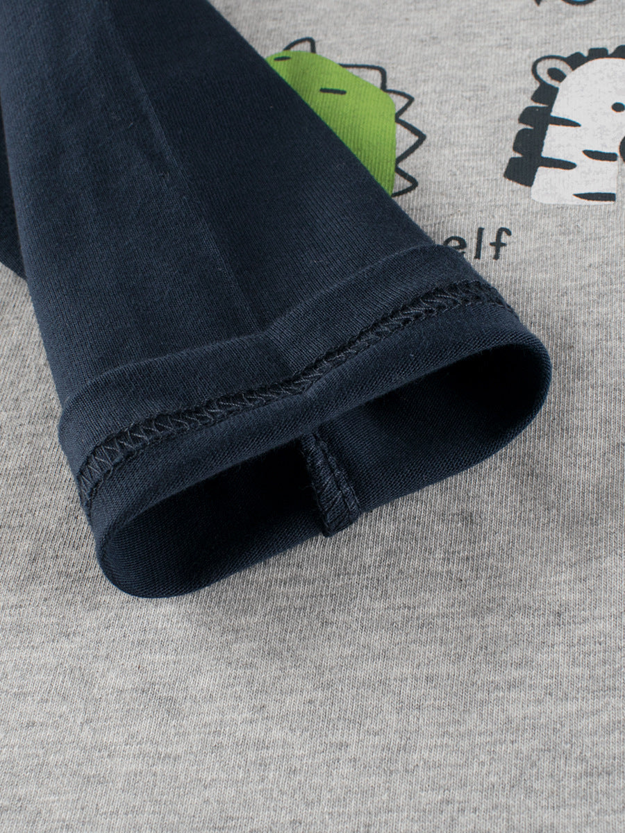 Navy blue long shirt for baby boys featuring letters and cartoon animal prints, perfect for autumn and spring wear.