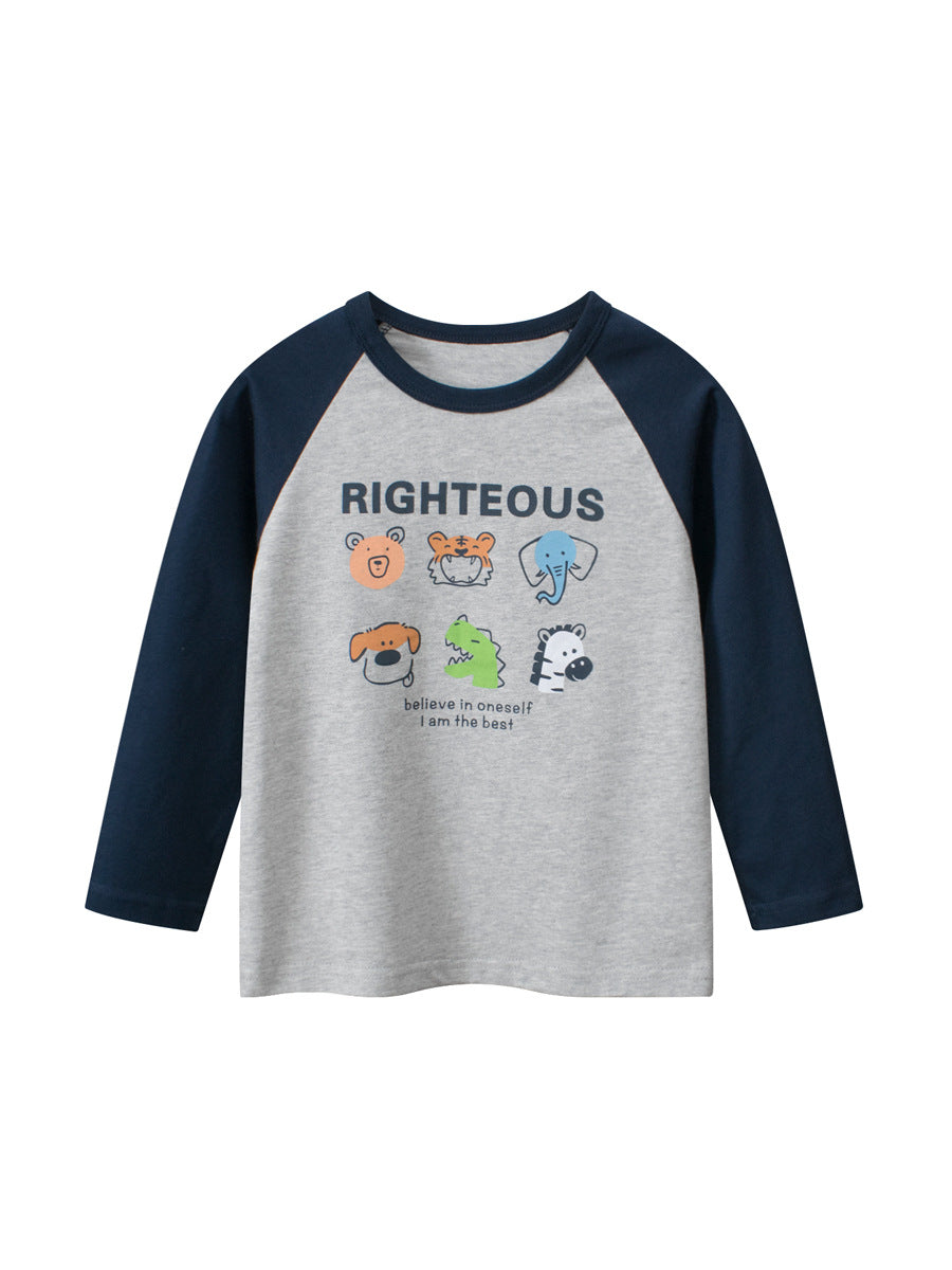 Navy blue long shirt for baby boys featuring letters and cartoon animal prints, perfect for autumn and spring wear.
