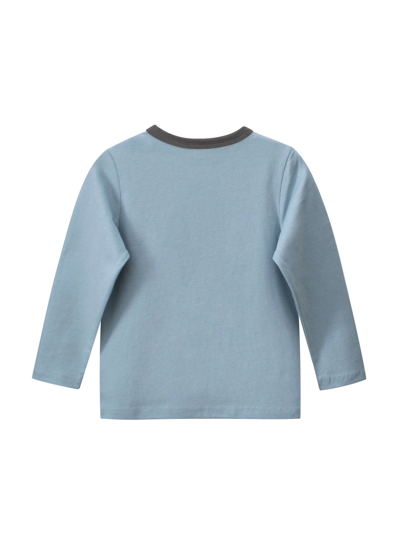 A blue long-sleeve shirt for baby boys featuring letters and cartoon animal prints, perfect for autumn and spring wear.