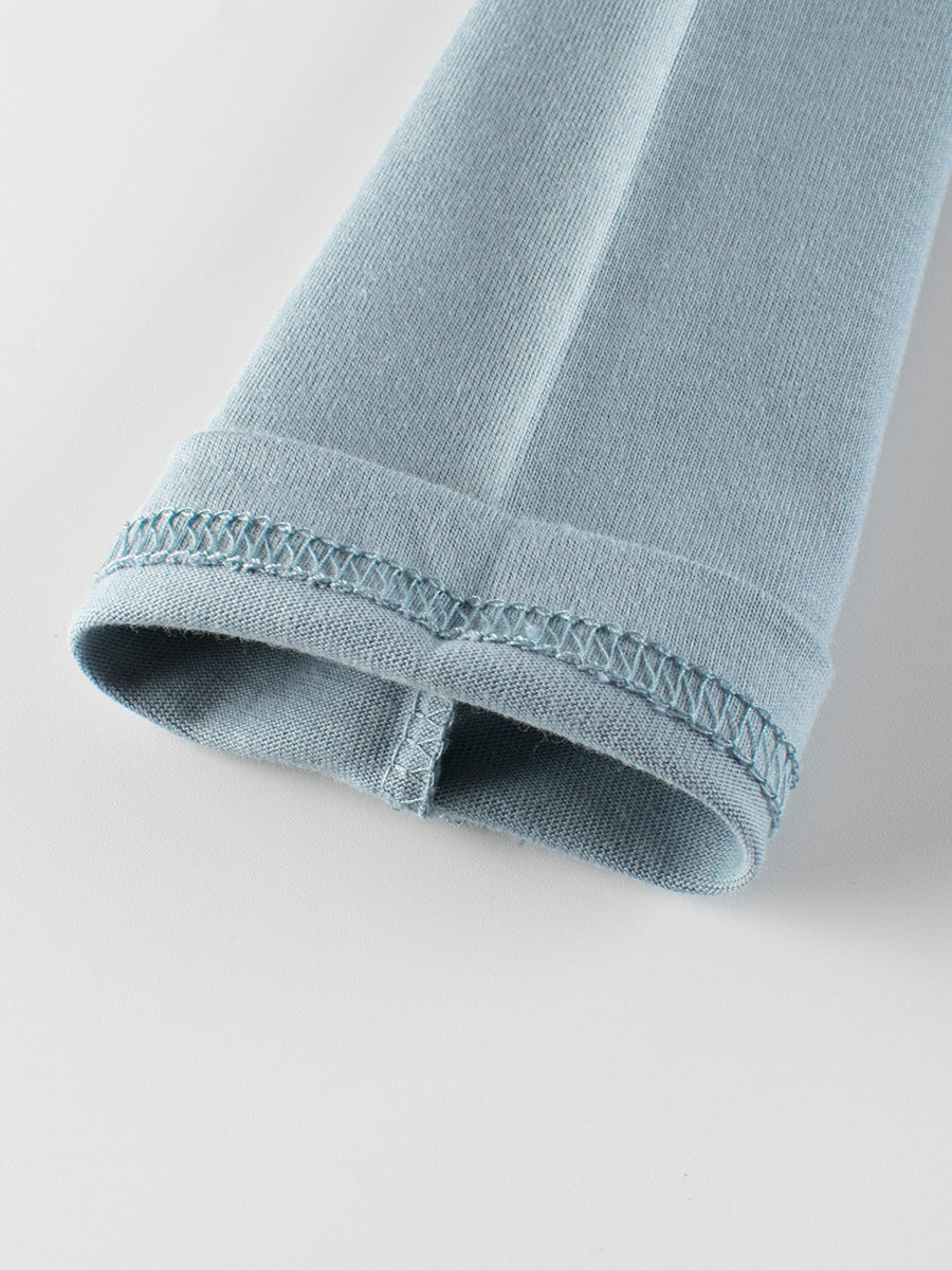 A blue long-sleeve shirt for baby boys featuring letters and cartoon animal prints, perfect for autumn and spring wear.