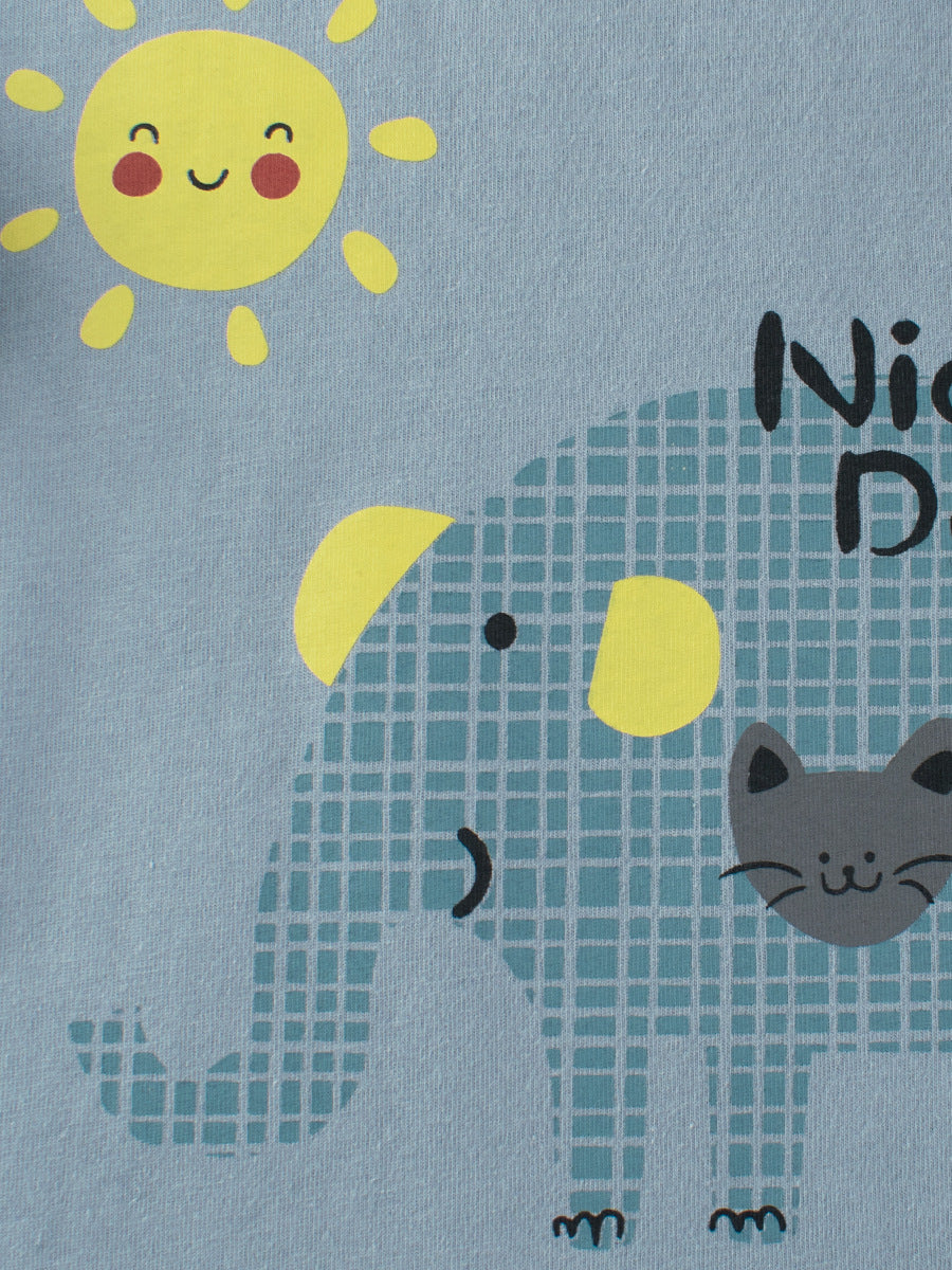 A blue long-sleeve shirt for baby boys featuring letters and cartoon animal prints, perfect for autumn and spring wear.