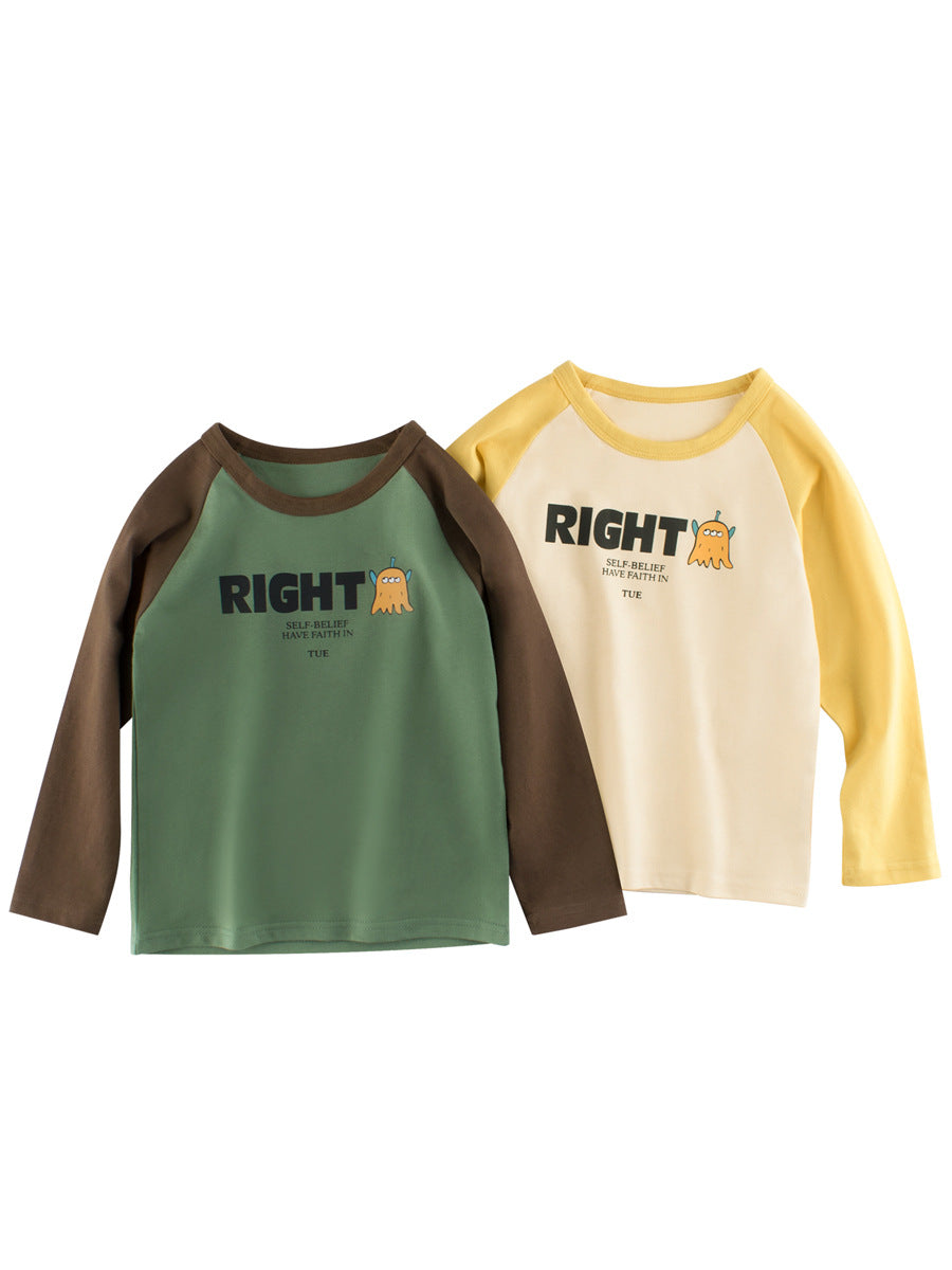 Autumn Baby Boys outfit featuring letters and cartoon prints in green and yellow color patchwork, made from soft cotton material.