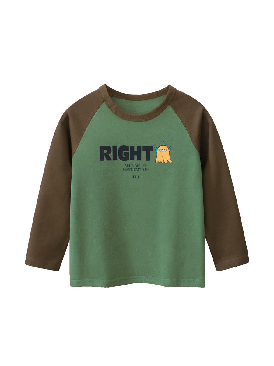 Autumn Baby Boys outfit featuring letters and cartoon prints in green and yellow color patchwork, made from soft cotton material.