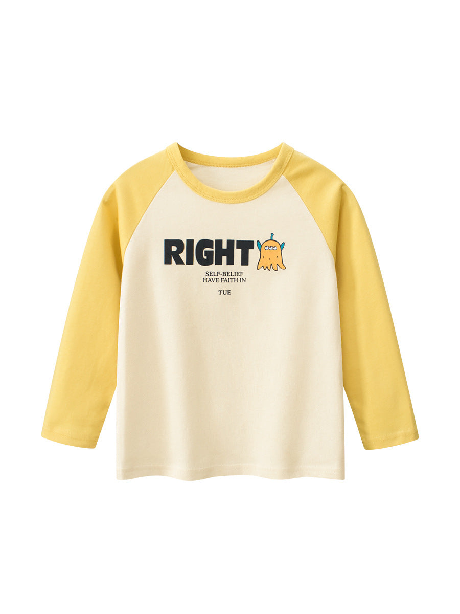 Autumn Baby Boys outfit featuring letters and cartoon prints in green and yellow color patchwork, made from soft cotton material.