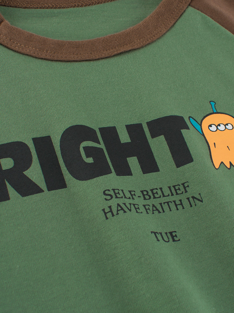 Autumn Baby Boys outfit featuring letters and cartoon prints in green and yellow color patchwork, made from soft cotton material.