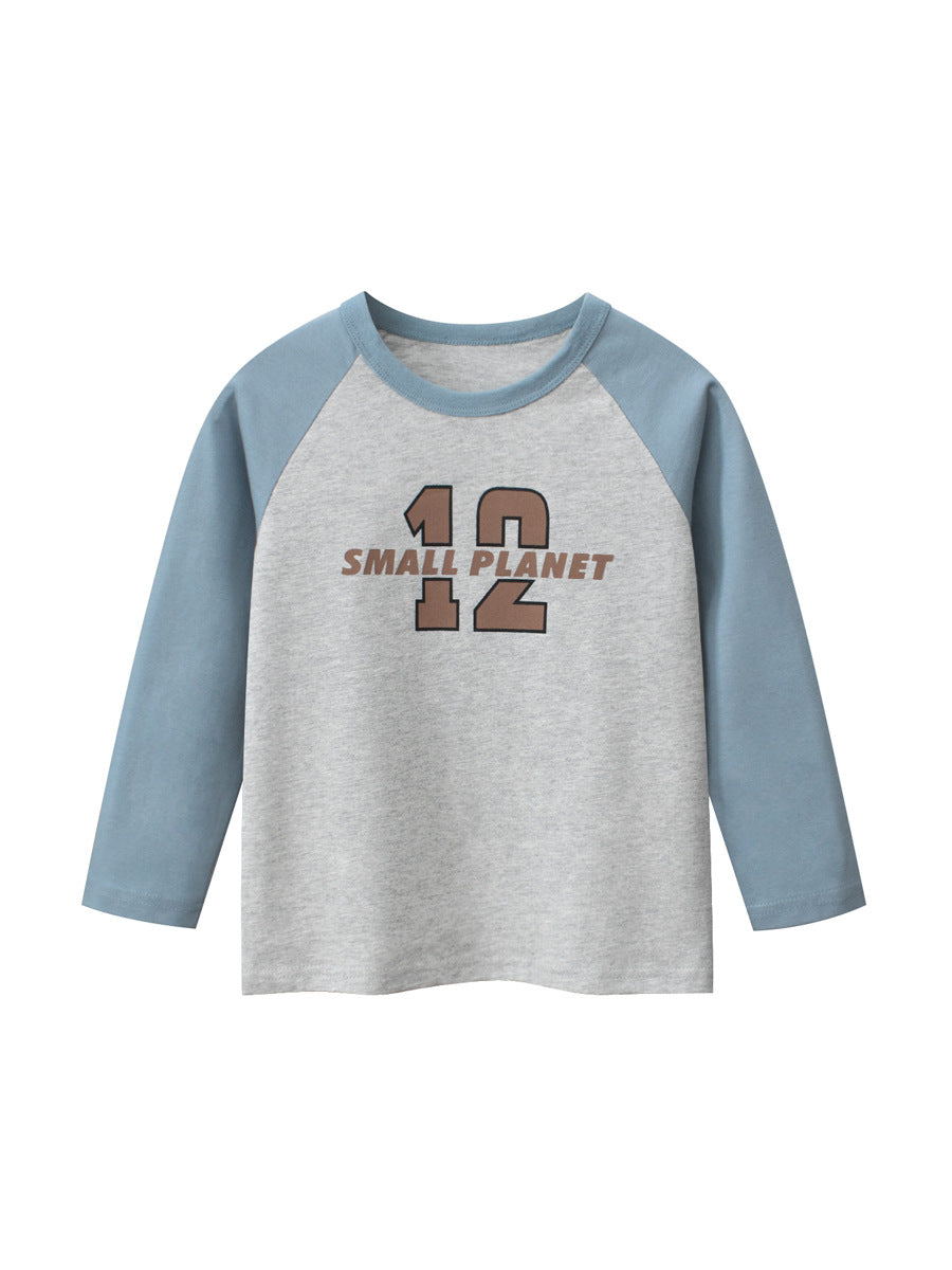 Autumn Baby Boys Letters Print Color Patchwork Long Sleeves Crew Neck shirt in blue, featuring a playful letters design and comfortable fit.