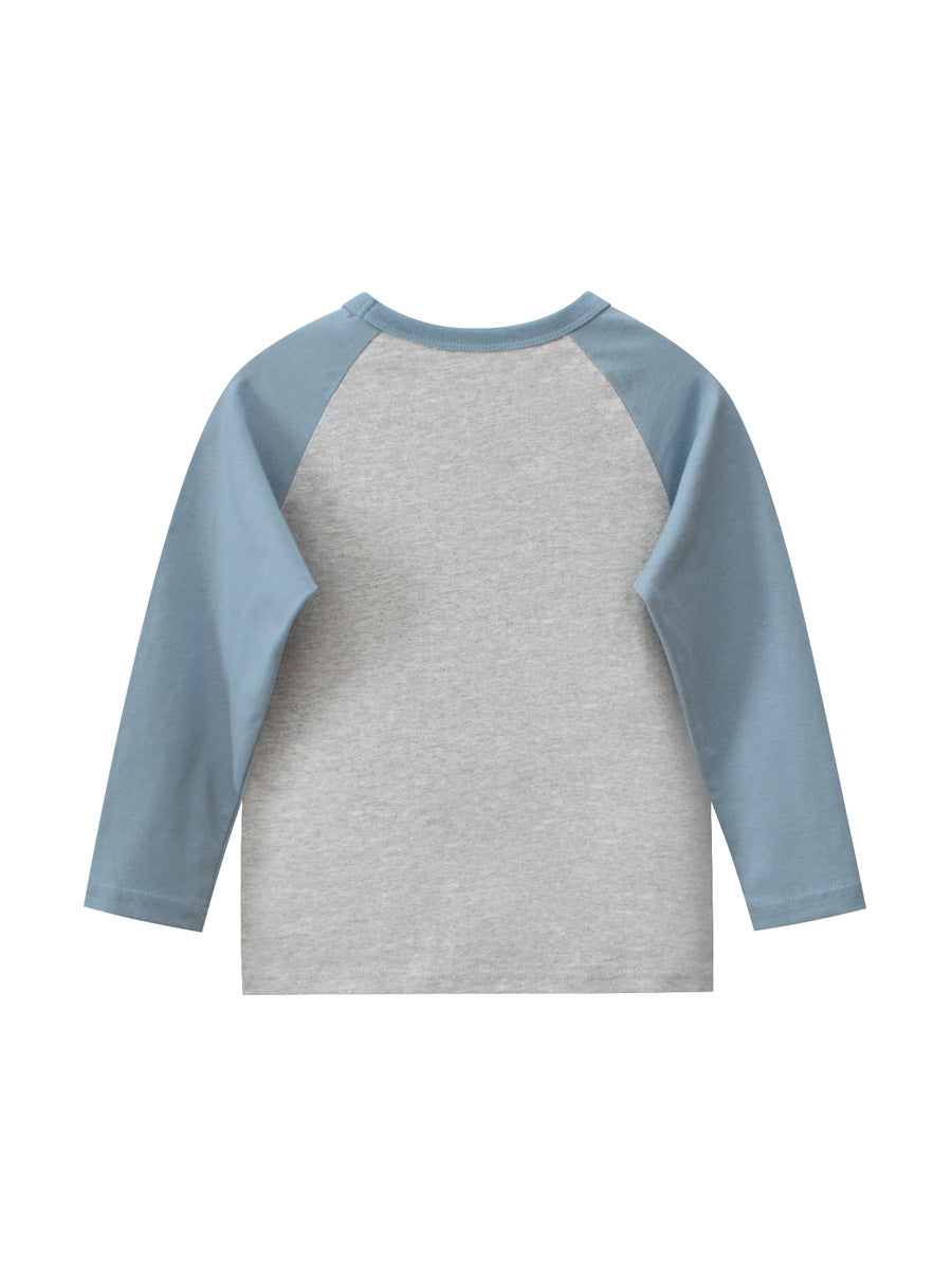 Autumn Baby Boys Letters Print Color Patchwork Long Sleeves Crew Neck shirt in blue, featuring a playful letters design and comfortable fit.