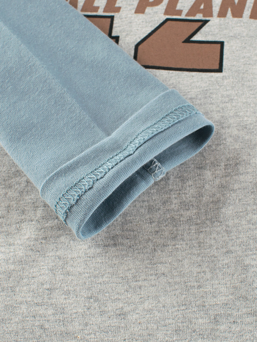 Autumn Baby Boys Letters Print Color Patchwork Long Sleeves Crew Neck shirt in blue, featuring a playful letters design and comfortable fit.