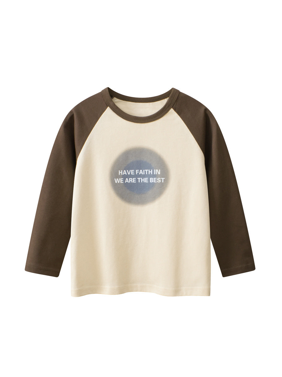 Autumn Baby Boys Letters Print Color Patchwork Long Sleeves Crew Neck shirt in coffee color, featuring a stylish letters print design.