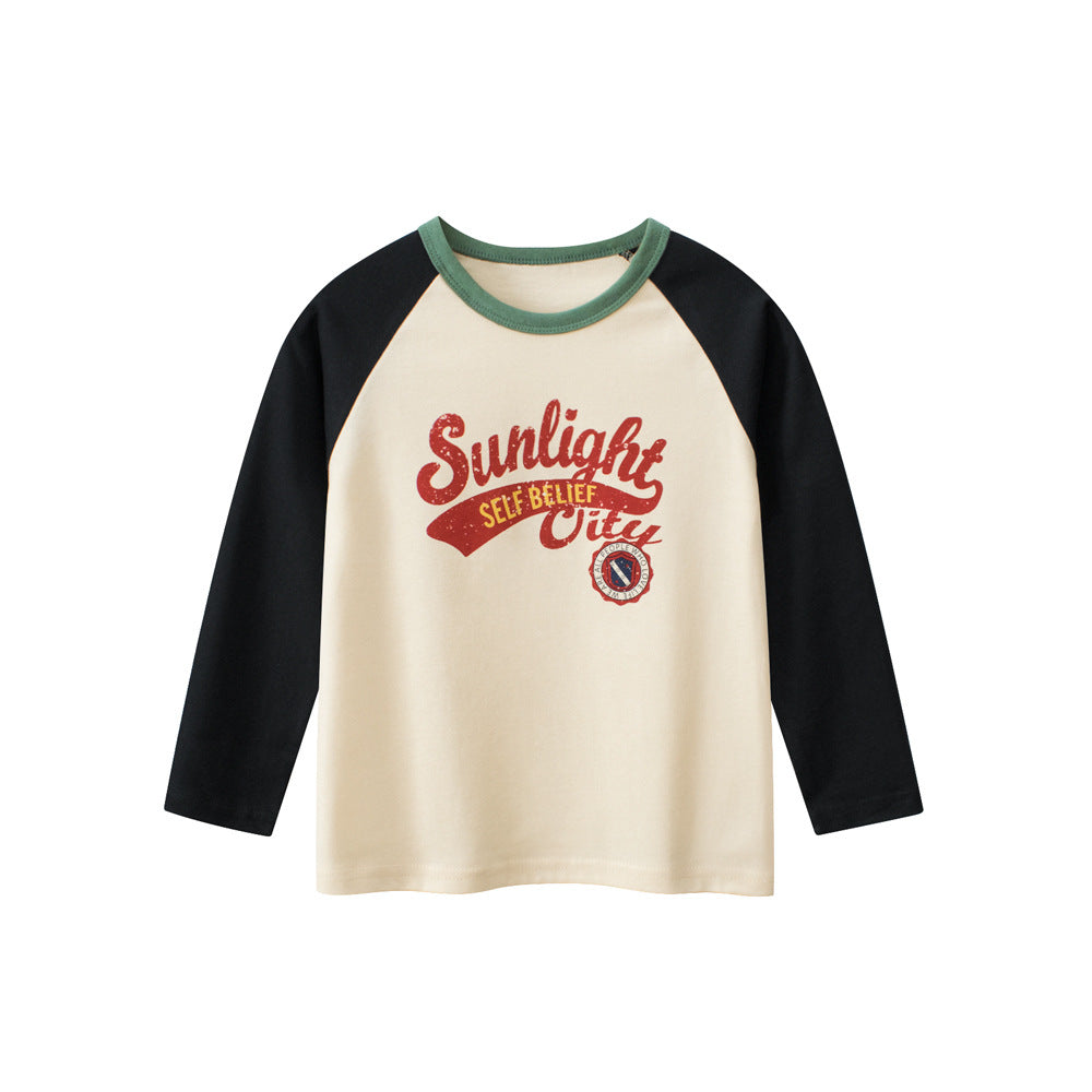Autumn Baby Boys Long Sleeves Crew Neck shirt featuring letters print and color patchwork design, perfect for stylish toddlers.