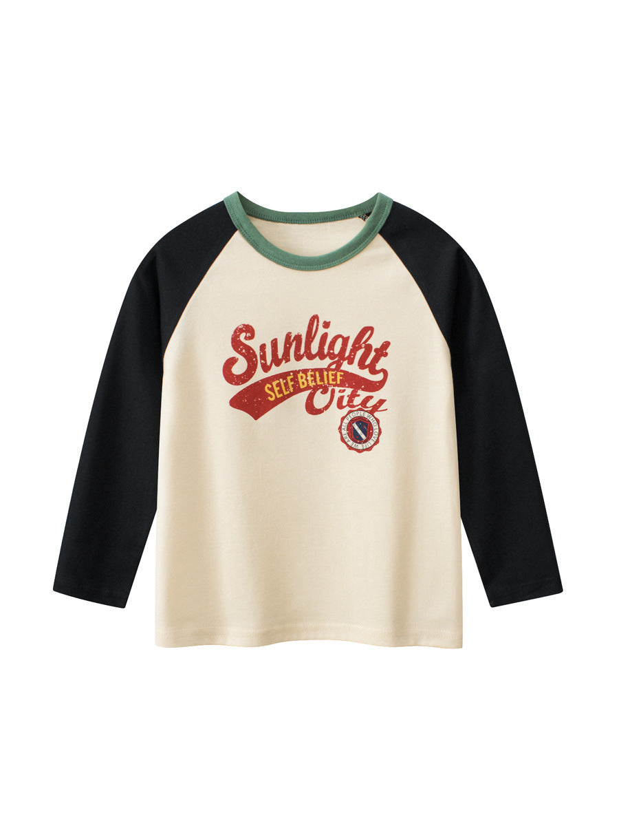 Autumn Baby Boys Long Sleeves Crew Neck shirt featuring letters print and color patchwork design, perfect for stylish toddlers.