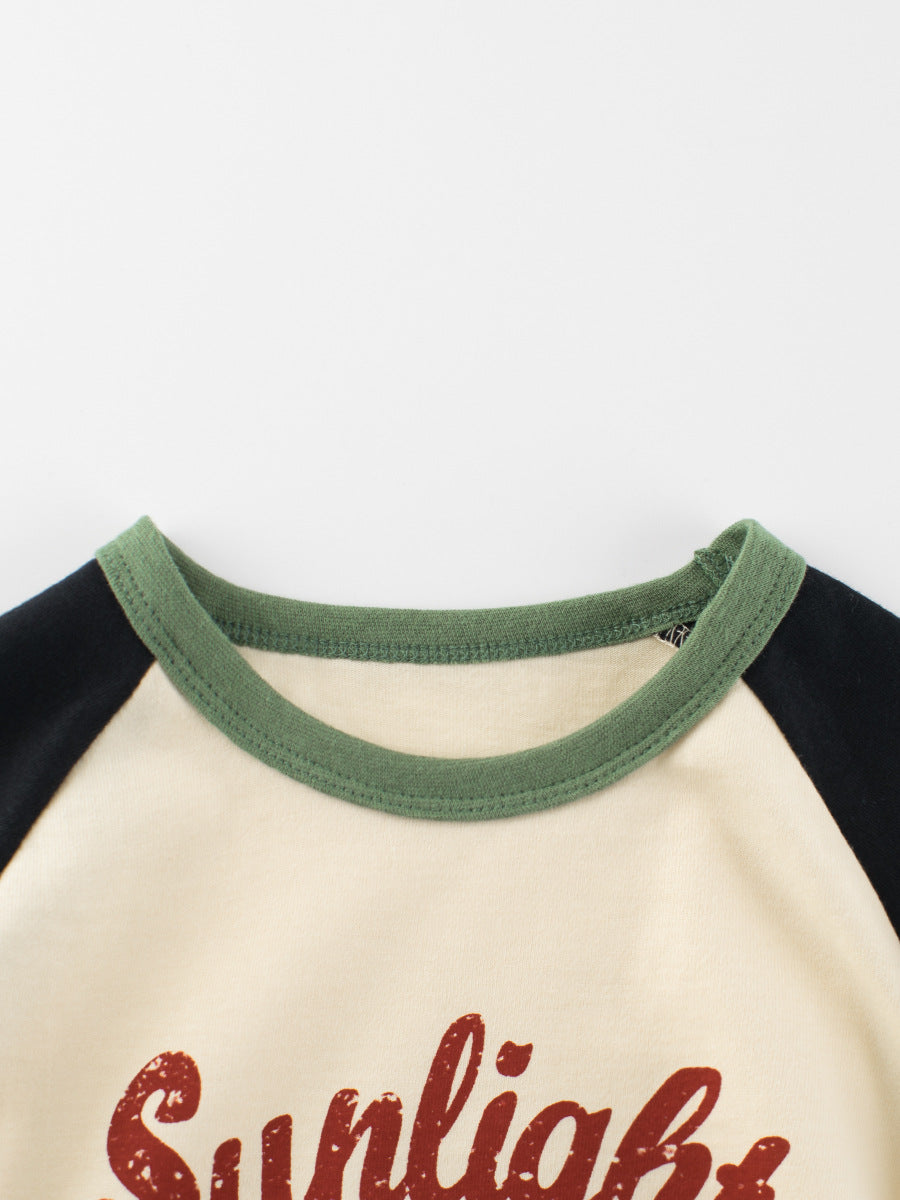 Autumn Baby Boys Long Sleeves Crew Neck shirt featuring letters print and color patchwork design, perfect for stylish toddlers.