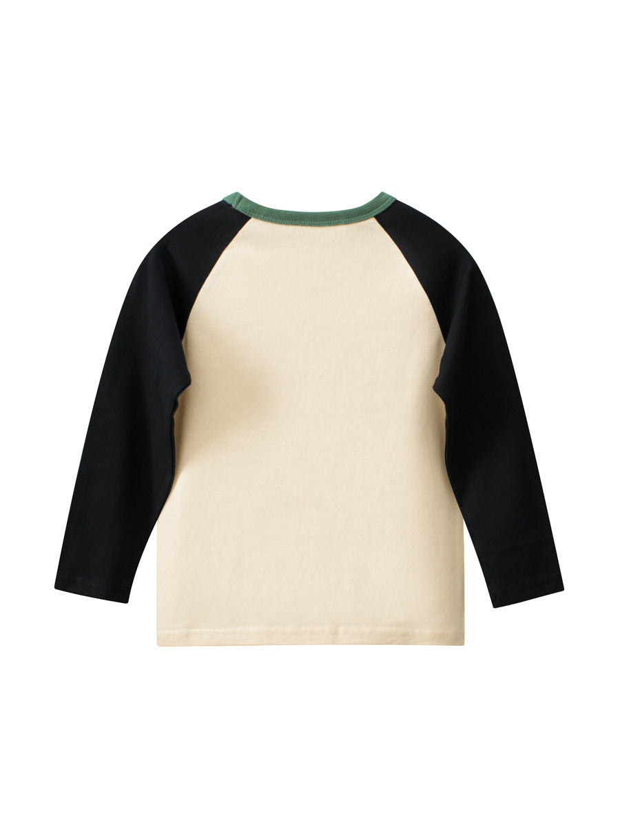 Autumn Baby Boys Long Sleeves Crew Neck shirt featuring letters print and color patchwork design, perfect for stylish toddlers.
