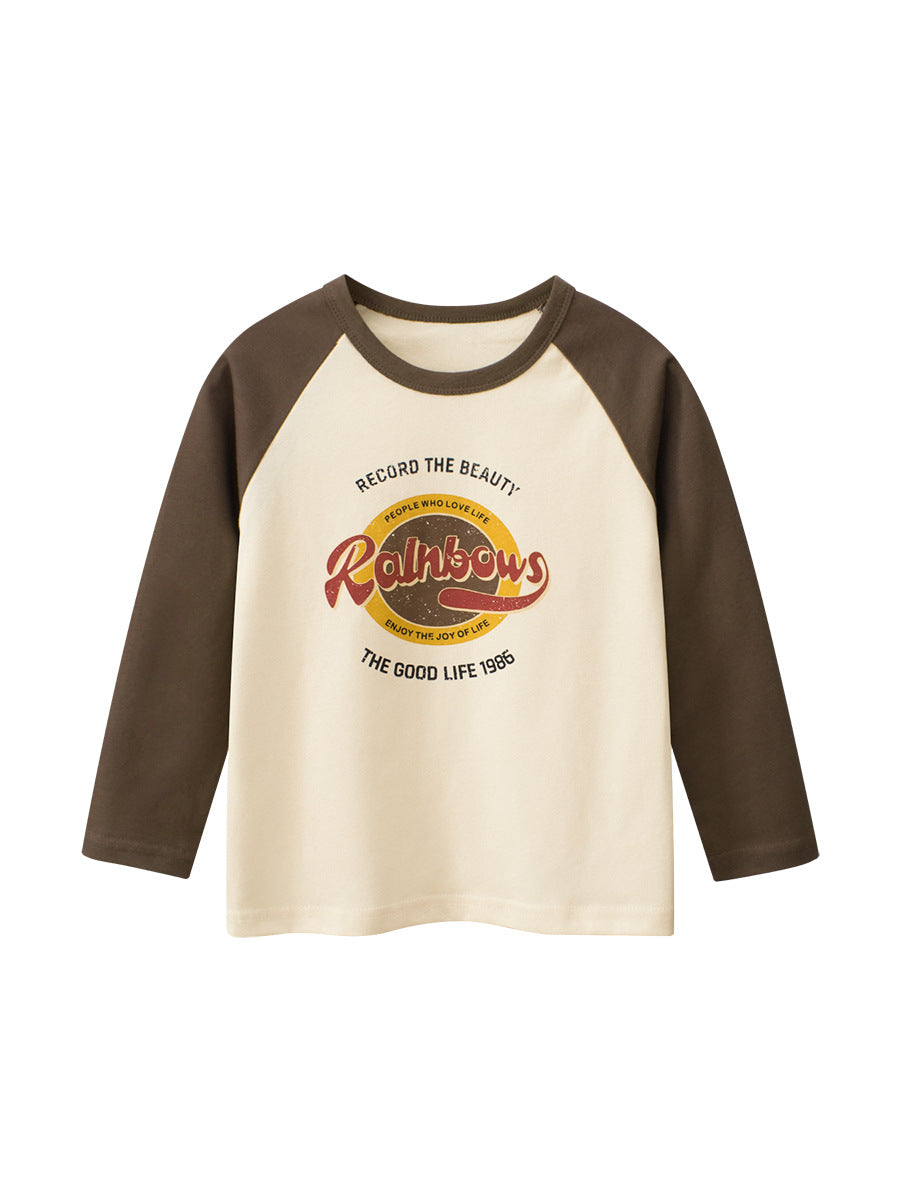 Autumn Baby Boys Letters Print Color Patchwork Long Sleeves Crew Neck shirt in coffee color, featuring playful letters design and soft cotton fabric.