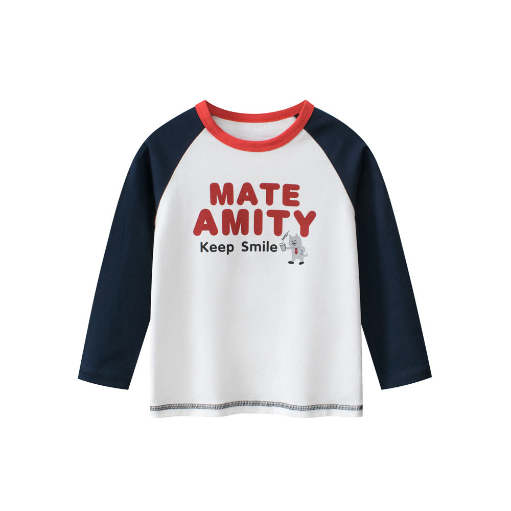 Navy blue long sleeve crew neck shirt for baby boys featuring a colorful letters print design, perfect for autumn and spring wear.