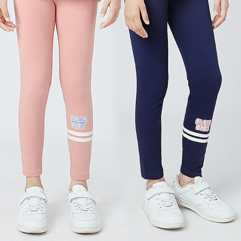 A pair of Autumn Baby Girl Breathable Elastic Leggings in pink, navy blue, and grey, showcasing a comfortable elastic waistband and playful letters pattern.