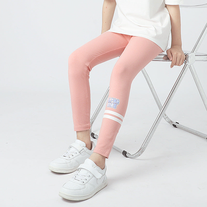 A pair of Autumn Baby Girl Breathable Elastic Leggings in pink, navy blue, and grey, showcasing a comfortable elastic waistband and playful letters pattern.