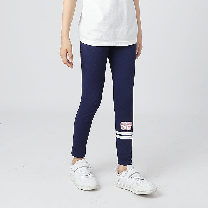 A pair of Autumn Baby Girl Breathable Elastic Leggings in pink, navy blue, and grey, showcasing a comfortable elastic waistband and playful letters pattern.