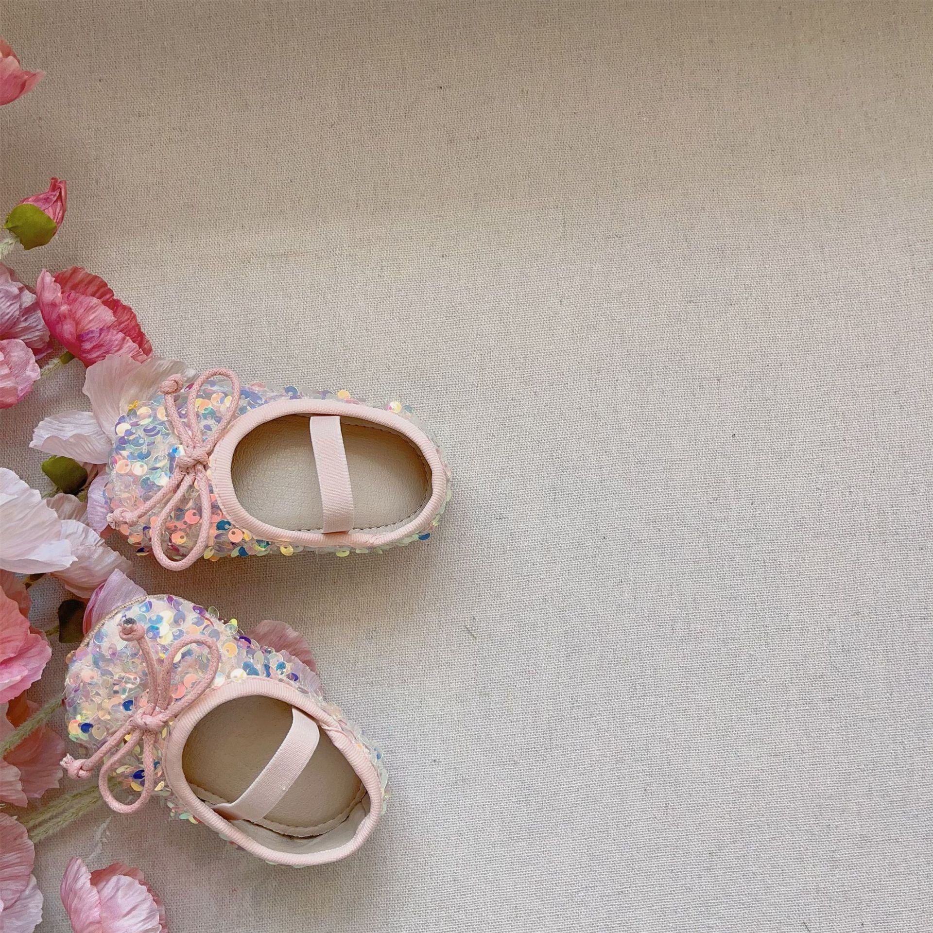 Autumn Baby Girl Sequin Design Toddler Soft-Sole shoes in black, pink, and grey with patchwork design.