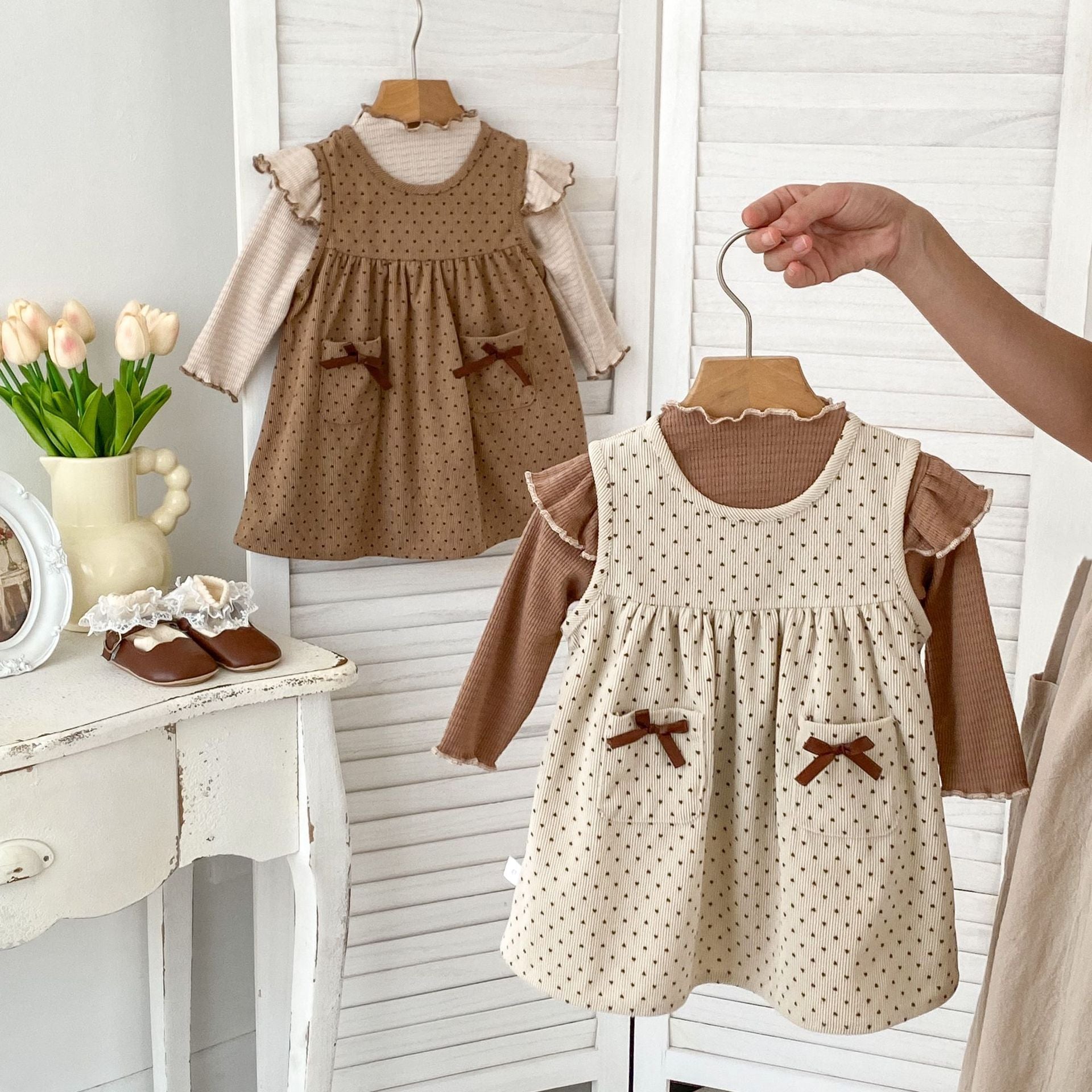 Autumn Baby Girls Long Sleeves Simple Knitted Top in beige and brown with a dots pattern, perfect for cooler weather.