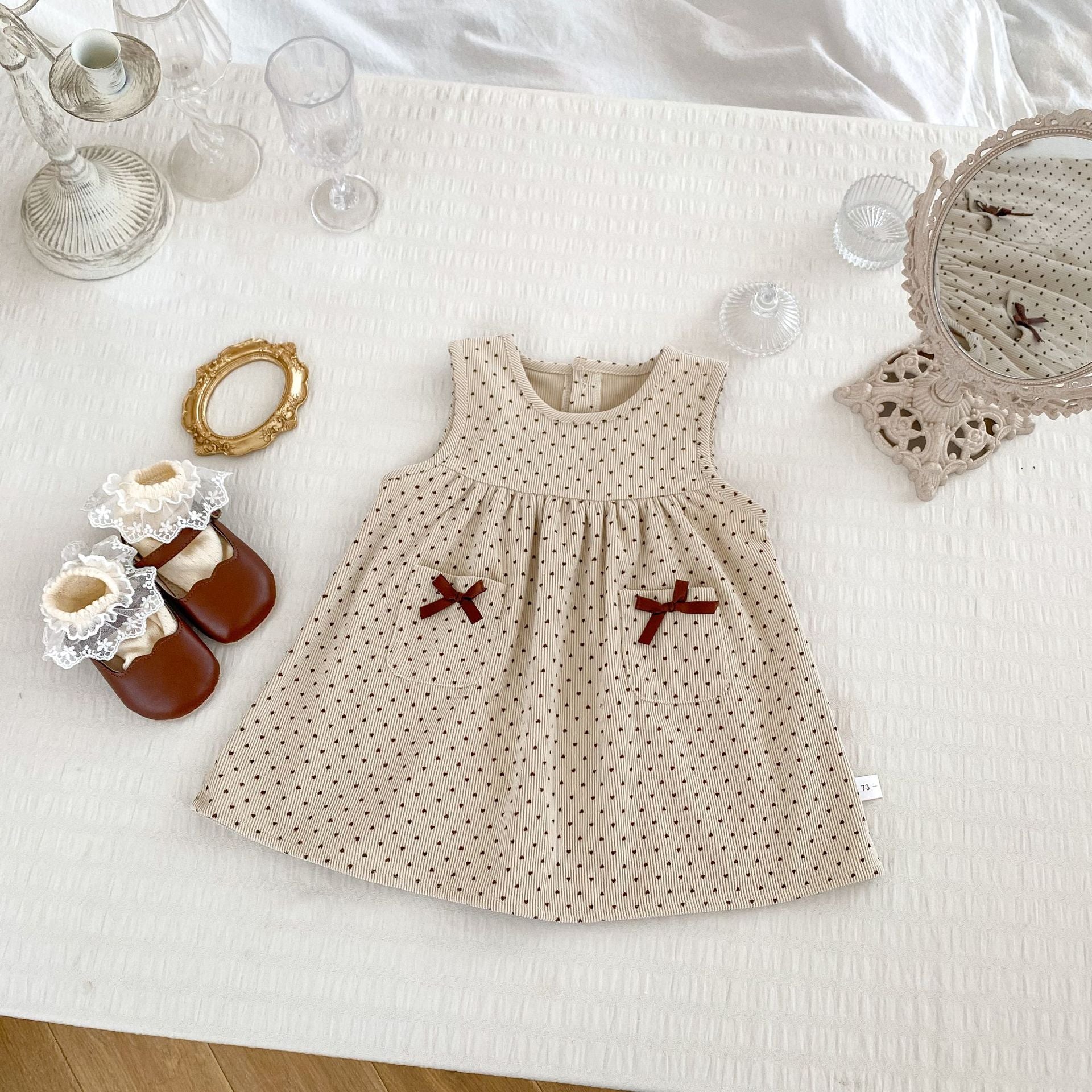 Autumn Baby Girls Long Sleeves Simple Knitted Top in beige and brown with a dots pattern, perfect for cooler weather.